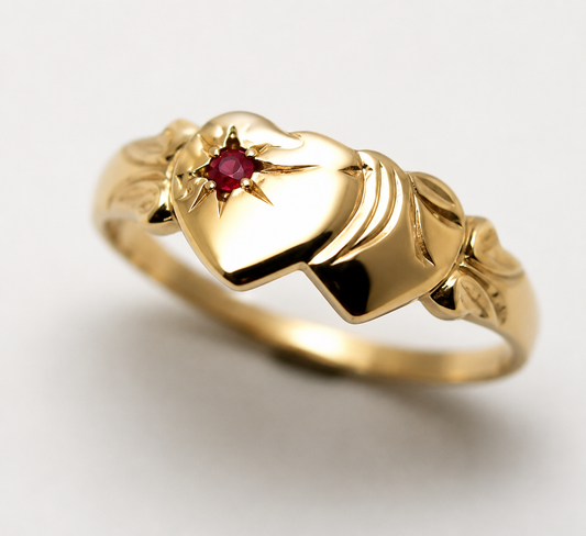 Genuine 9ct 9k 375 Yellow, Rose or White Gold Double Heart Ruby Signet Ring - July Birthstone