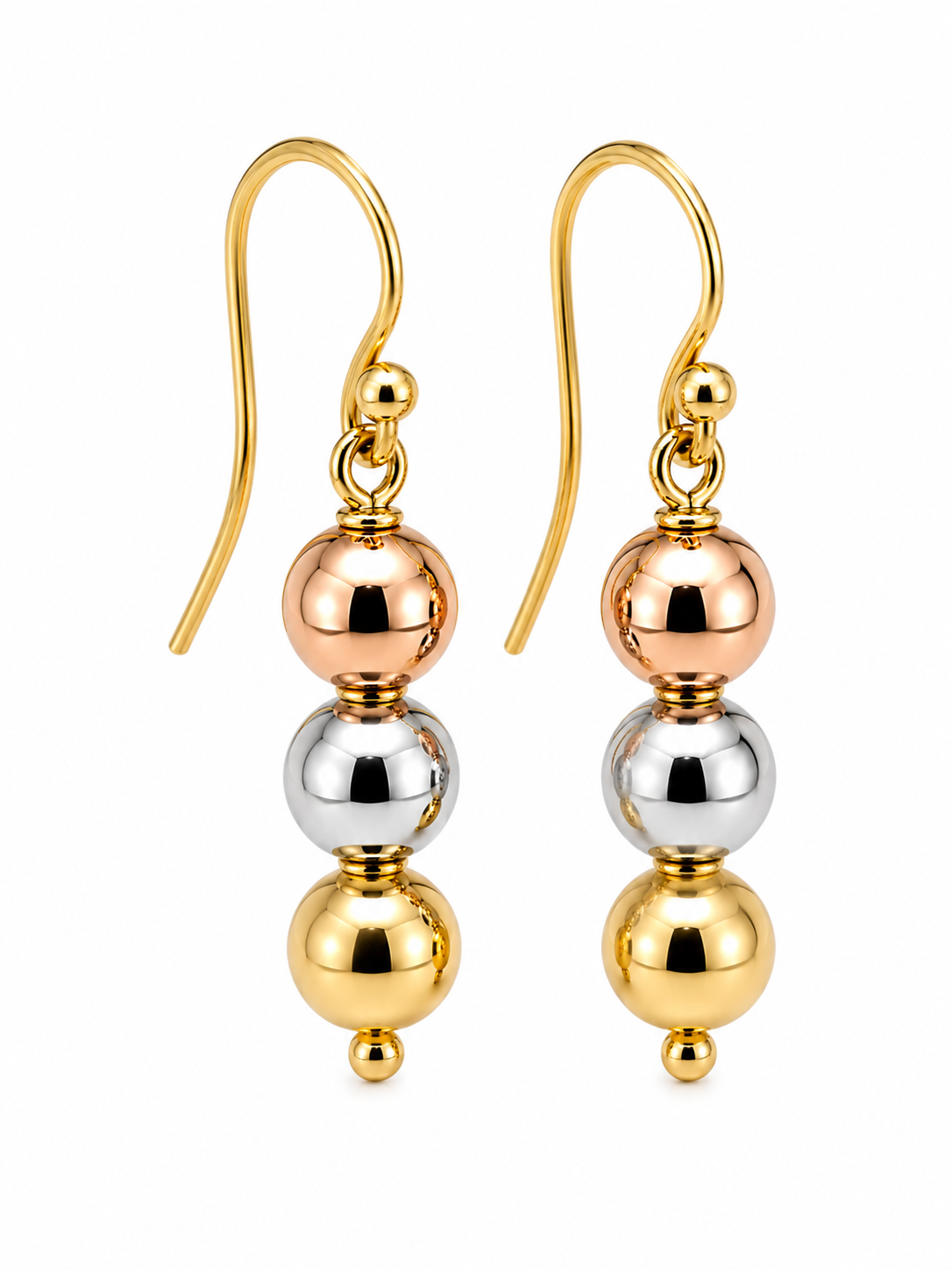 Genuine 9ct 9k 375 Three 3 Ball 9ct Rose, Yellow & White Gold Ball Drop Ball Earrings