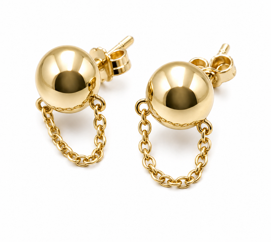 Genuine 9ct 9k 375 Yellow, Rose or White Gold 375 Half Ball 10mm Stud Plain Ball + Chain Earring