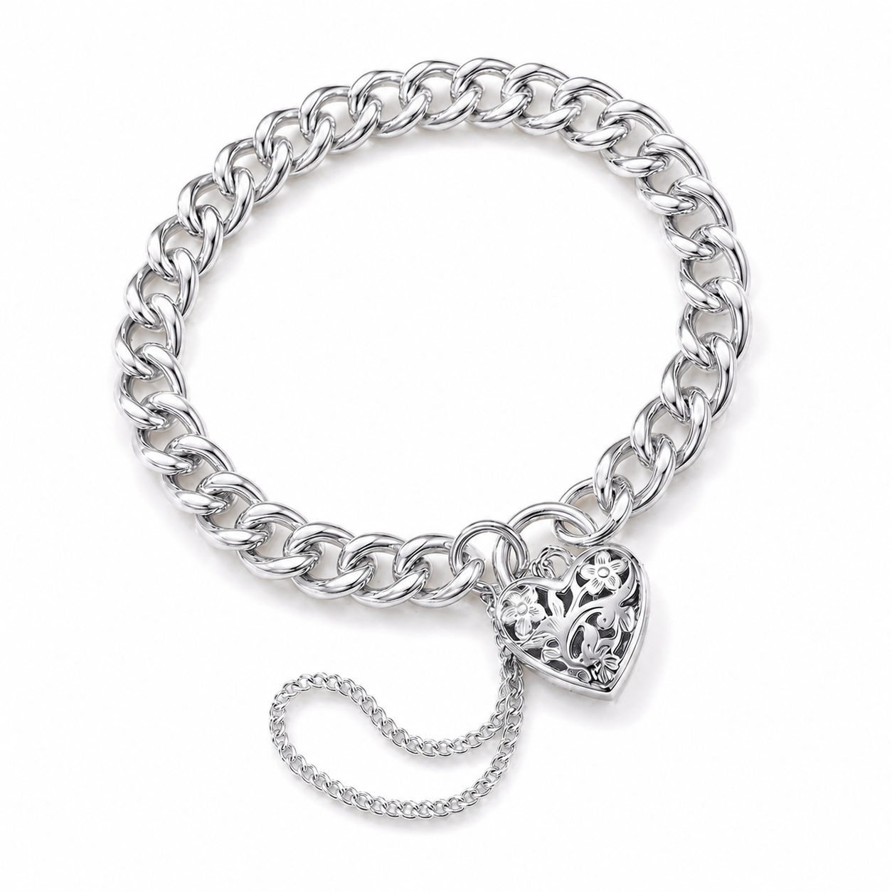 Sterling Silver 925 Round Curb Filigree Padlock 21cm 31g Bracelet