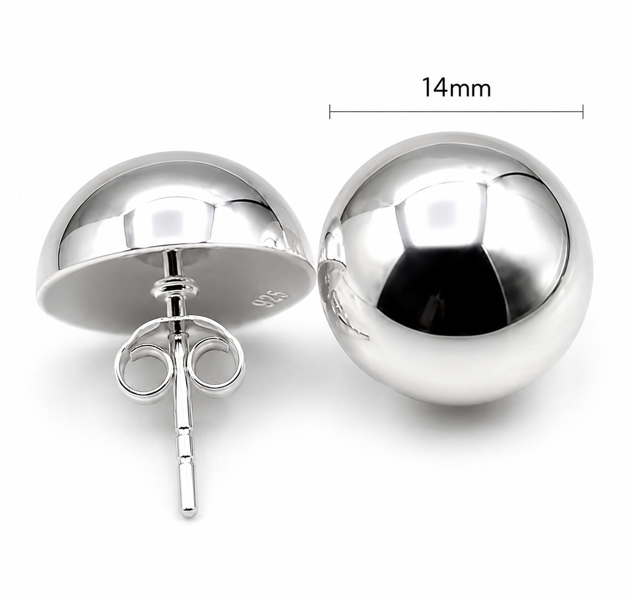 Genuine Sterling Silver 925 Half 14mm Dome Ball Round Earrings Studs