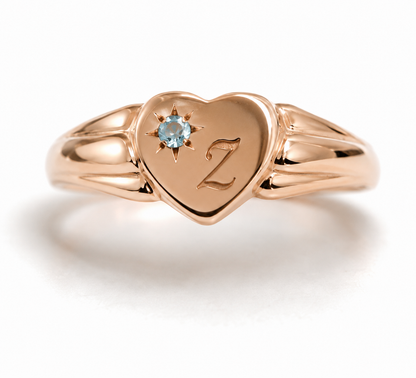 Genuine 9ct 9k 375 Rose Gold Heart Topaz Birthstone November Signet Ring + Engraving - Choose your size I to S