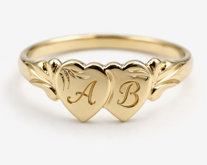 Genuine 9ct 9k 375 Yellow, Rose or White Gold Double Heart Signet Ring + Engraving 2 initials
