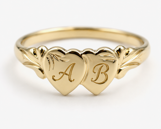 Genuine 9ct 9k 375 Yellow, Rose or White Gold Double Heart Signet Ring + Engraving 2 initials