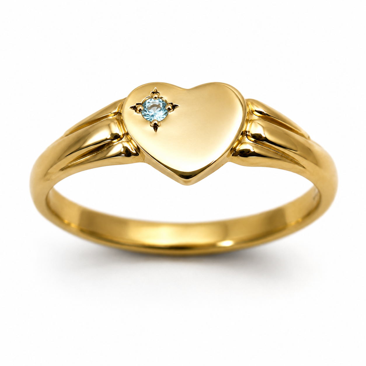 Genuine 9ct 9k 375 Yellow, Rose or White Gold Heart Aquamarine Signet Ring - March Birthstone