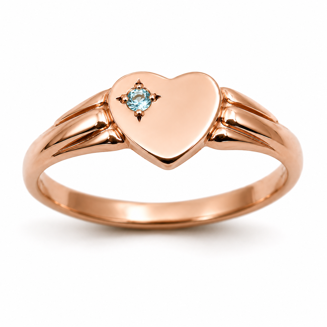 Genuine 9ct 9k 375 Yellow, Rose or White Gold Heart Aquamarine Signet Ring - March Birthstone