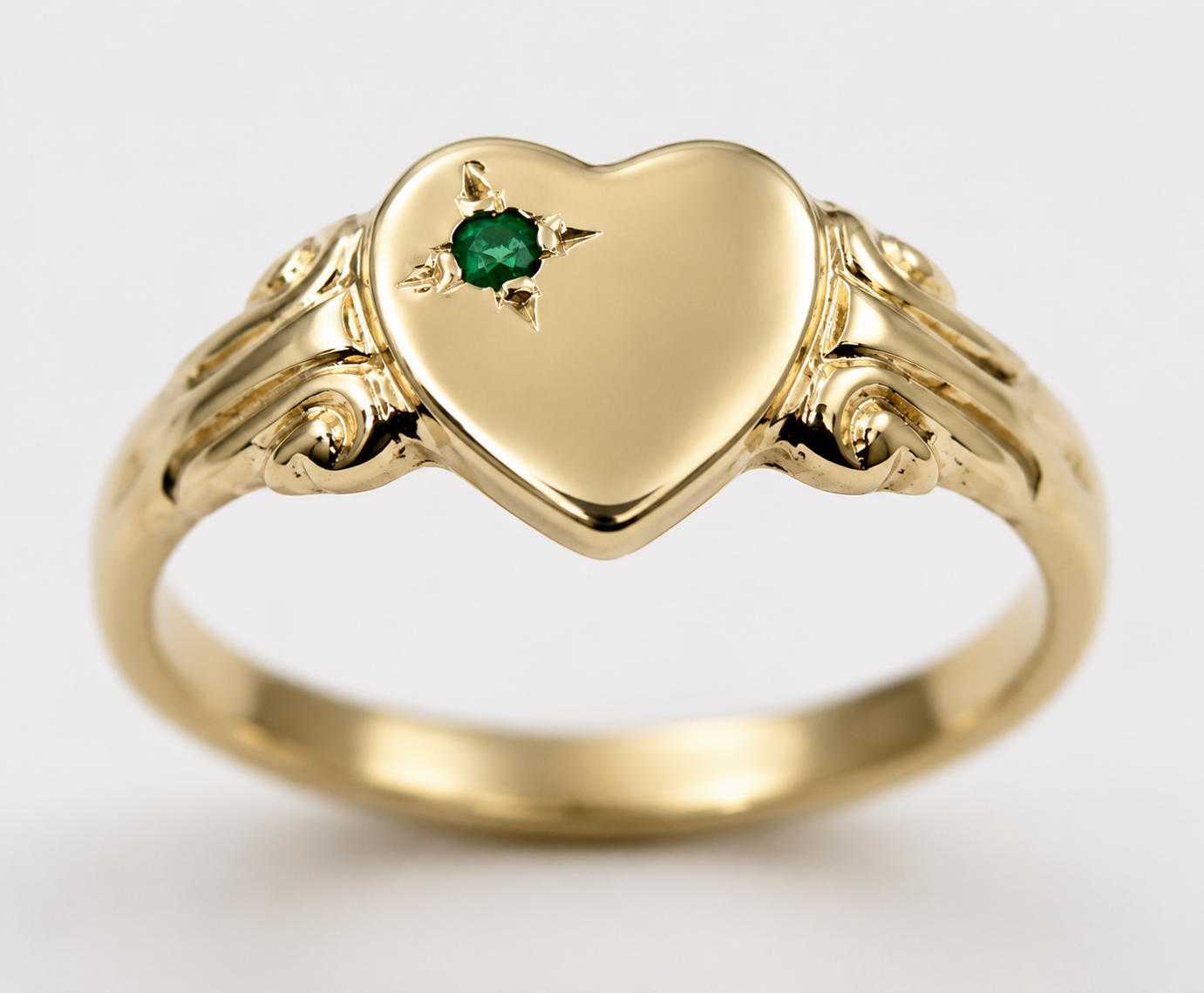 Genuine May Birthstone 9ct 9k 375 Solid Yellow, Rose or White Gold 375 Green Emerald Stone Heart Signet Ring