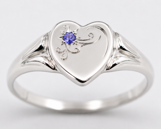 Genuine Large Sterling Silver 925 Heart Set with Tanzanite Signet Ring - Choose your size