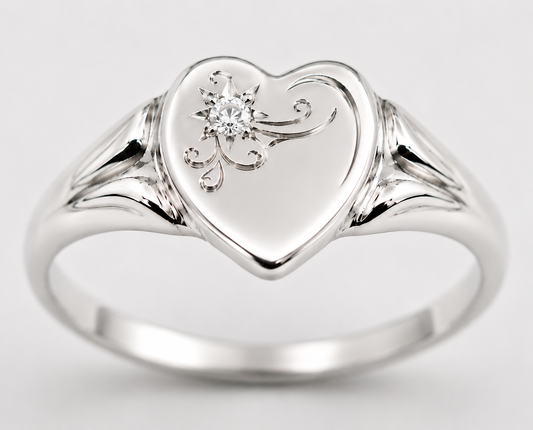 Genuine Large Sterling Silver 925 Heart Set with Lab Grown Diamond Signet Ring - Choose your size