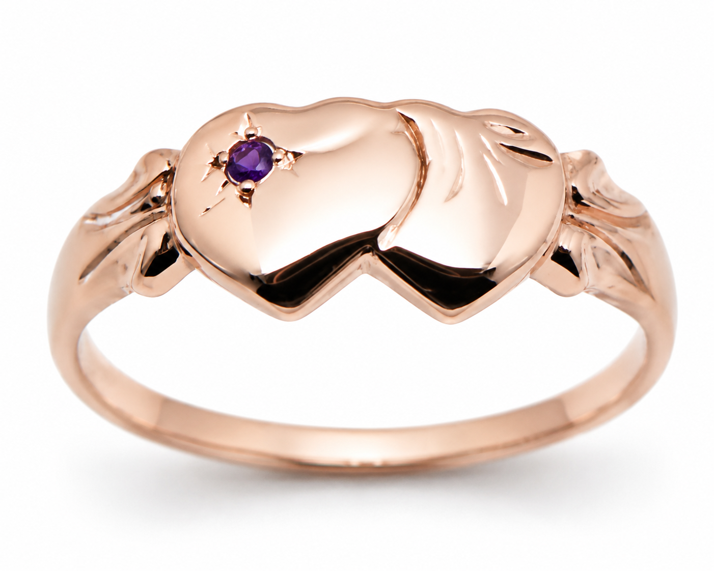Genuine 9ct 9k 375 Rose Gold Double Heart Yellow Purple Amethyst February Birthstone Signet Ring In your size