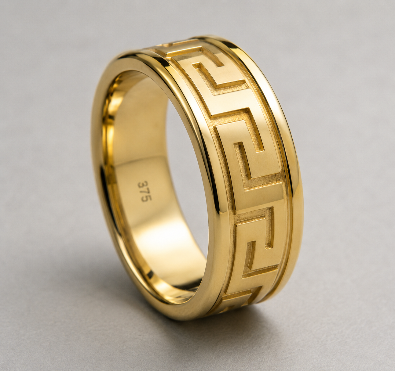 Kaedesigns, Genuine 9ct 9K 375 Yellow Solid Polished or Matt Gold Large Greek Key Ring In Your Size