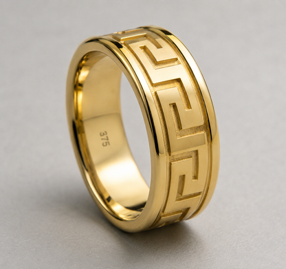 Kaedesigns, Genuine 9ct 9K 375 Yellow Solid Polished or Matt Gold Large Greek Key Ring In Your Size