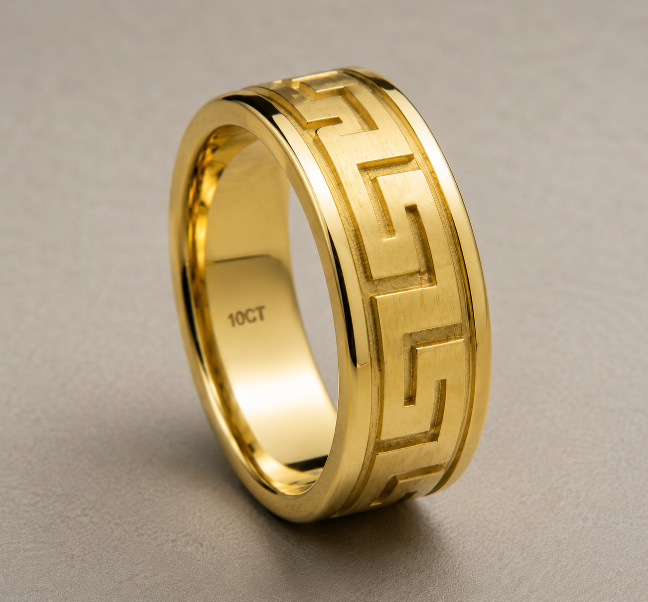 Kaedesigns, Solid 10ct Yellow, Rose Or White Gold Gold 7mm Wide Greek Key Ring