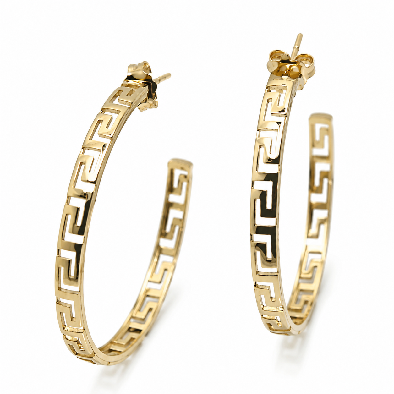 Kaedesigns, 9ct 9k 375 Yellow Or White Or Rose Gold Greek Key Large Hoops Stud Earring