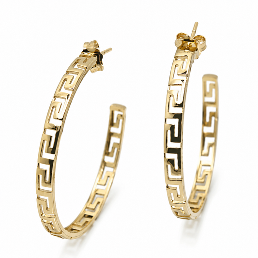 Kaedesigns, 9ct 9k 375 Yellow Or White Or Rose Gold Greek Key Large Hoops Stud Earring