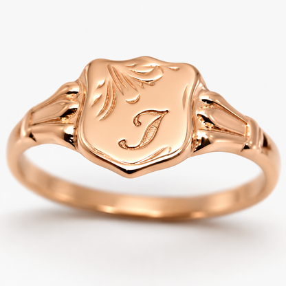 Genuine 9ct 9kt 375 Yellow, Rose or White Gold Shield Signet Ring + Engraving of one initial
