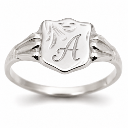 Genuine 9ct 9kt 375 Yellow, Rose or White Gold Shield Signet Ring + Engraving of one initial