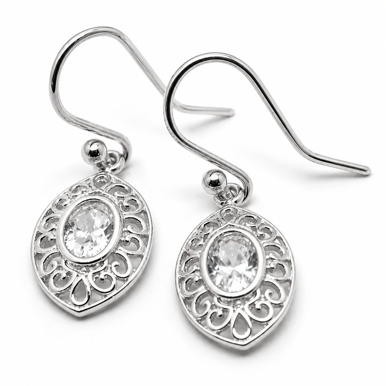 Genuine 9ct 9k 375 Yellow, White or Rose Gold White Stone Set Filigree Hook Earrings