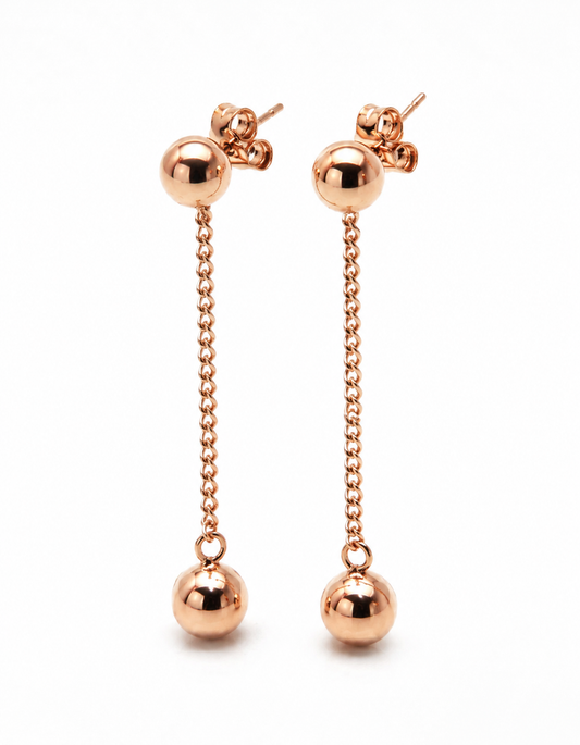 Genuine 9ct 9Kt 375 Rose Gold 8mm Ball Drop Chain Stud Earrings