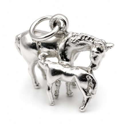 Genuine Sterling Silver 925 3D Horse and Foal Pendant / Charm