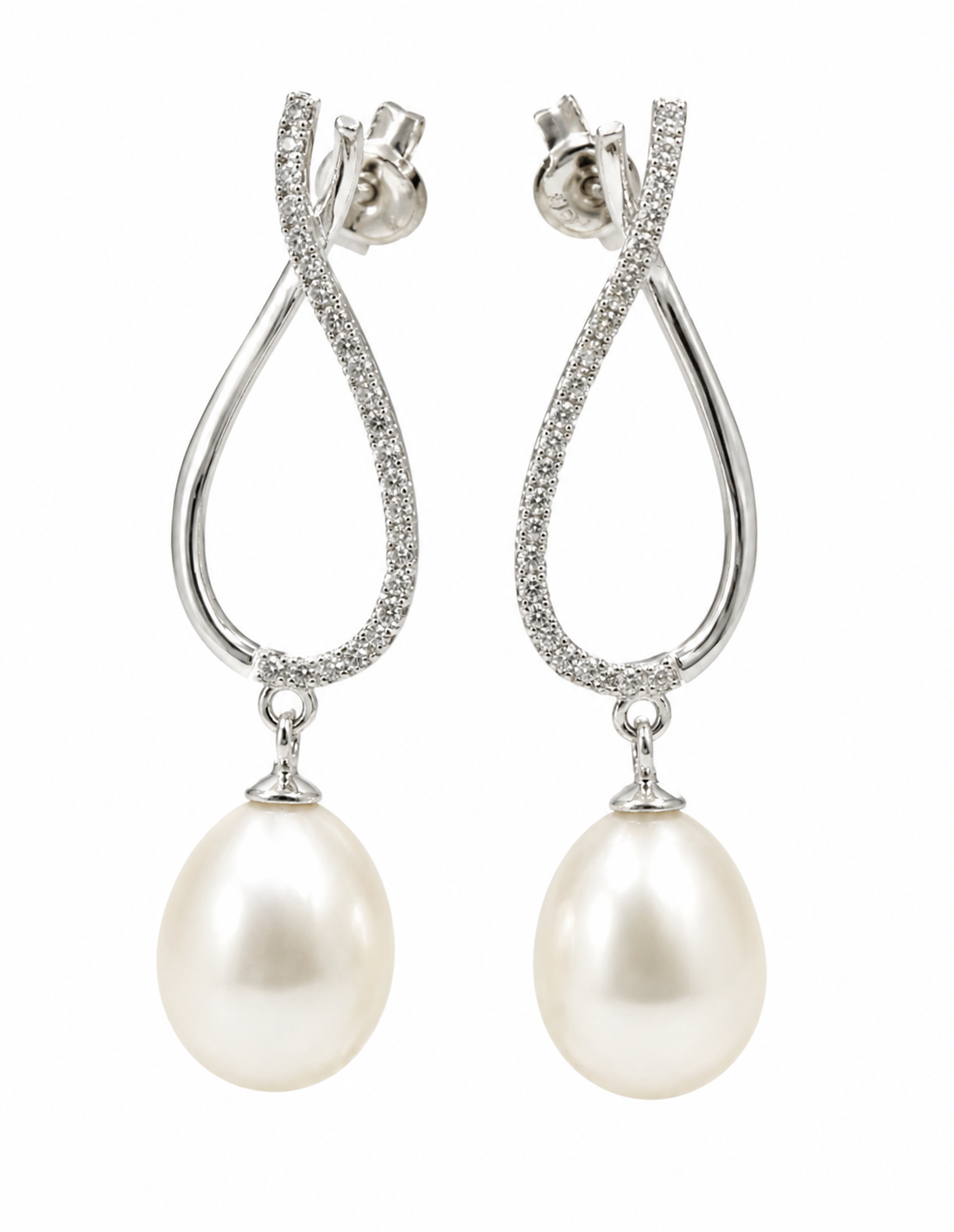 Sterling Silver 925 Freshwater Oval CZ White Pearl Ball Earrings