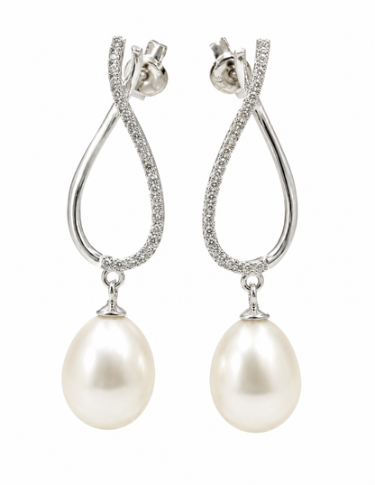 Sterling Silver 925 Freshwater Oval CZ White Pearl Ball Earrings