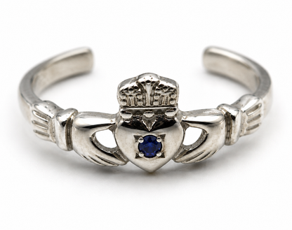 Genuine 9ct 9k 375 White Gold Irish Claddagh Blue Sapphire Toe Ring