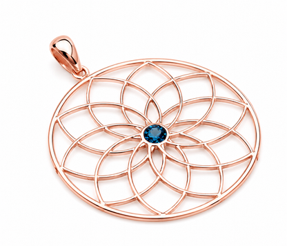 Genuine 9k 9ct Yellow, Rose or White Gold Flower of Life Pendant Set London Blue Topaz
