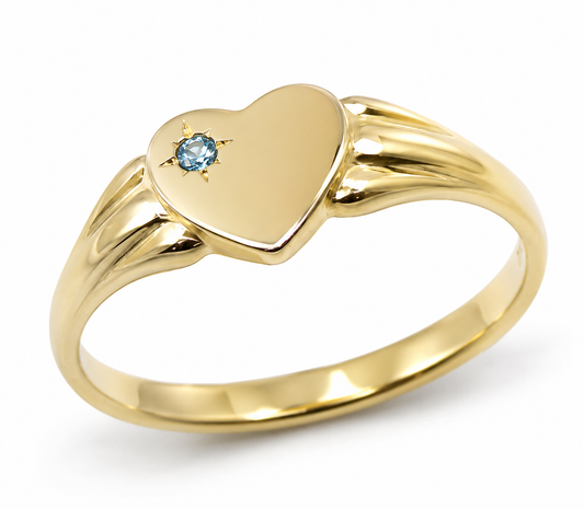 Genuine 9ct 9k 375 Yellow, Rose or White Gold Blue Topaz Heart Signet Ring - November Birthstone 324