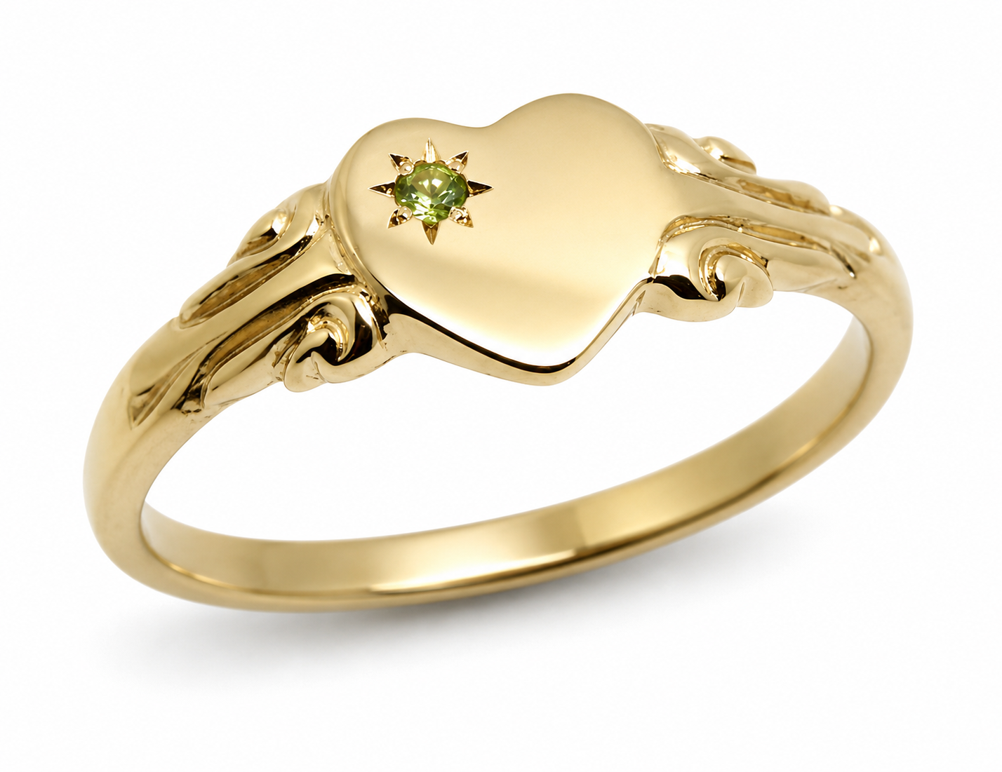 Size Q August Birthstone 9ct 9k 375 Yellow, Rose or White Gold Green Peridot Stone Heart Signet Ring