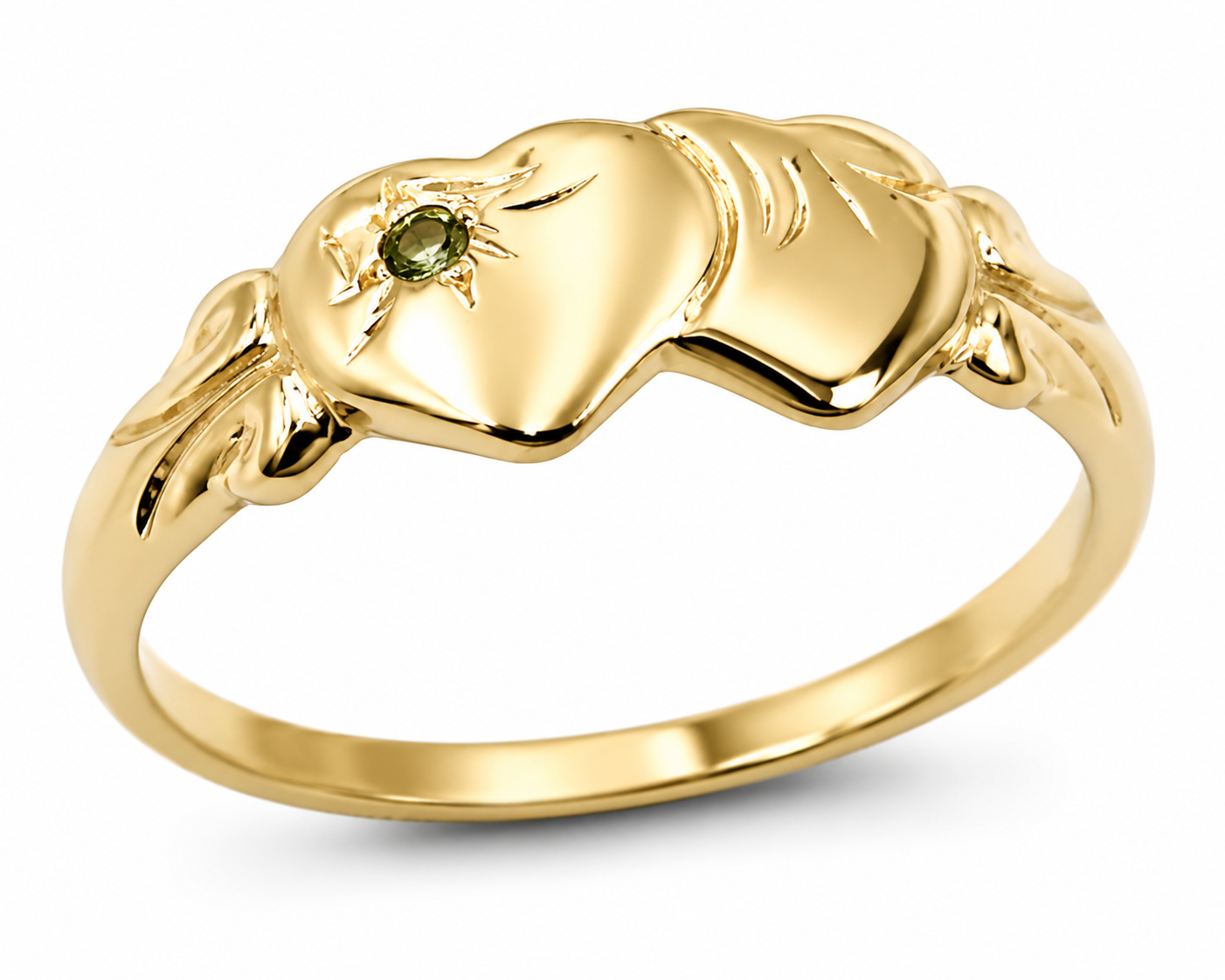 Genuine Size Q, 9ct 9k 375 Yellow, Rose or White Gold Double Heart Signet Ring Peridot -August Birthstone