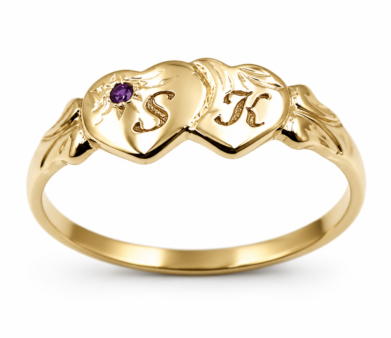 Genuine 9ct Yellow Gold Double Heart Yellow Purple Amethyst February Birthstone Signet Ring In your size + Engraving