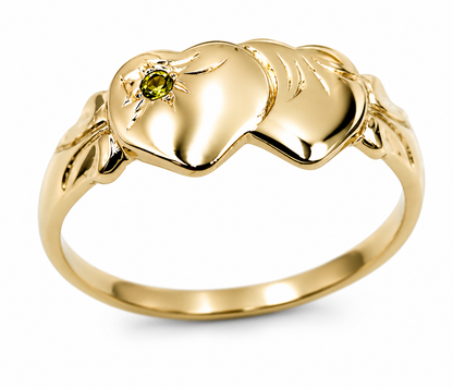 Genuine 9ct 9k 375 Yellow Gold Double Heart Yellow Green Peridot August Birthstone Signet Ring In your size