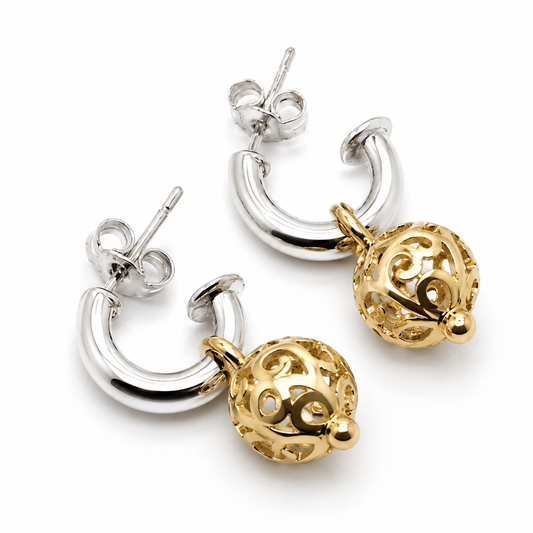Genuine 9ct 9k Yellow Gold & Sterling Silver Filigree Ball Stud Earrings
