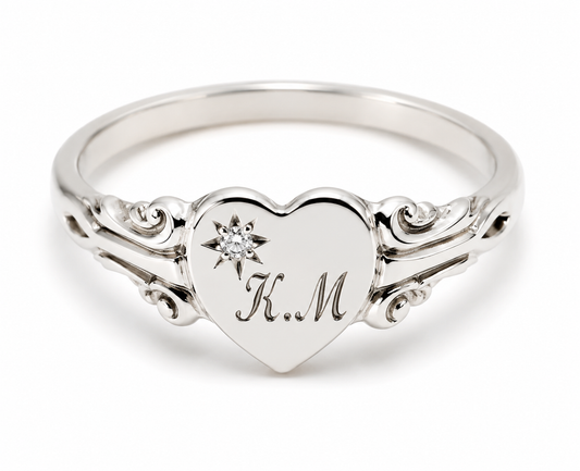 Sterling Silver 925 Heart Diamond Set Signet Ring Size N Engraved With 2 Initial - Choose your ring size - H to N