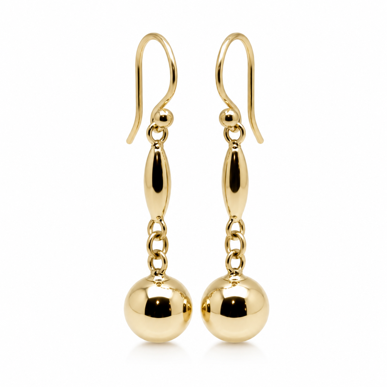 Kaedesigns, 9ct 9kt 375 Yellow Or White Or Rose Gold 8mm Ball Long Drop Earrings