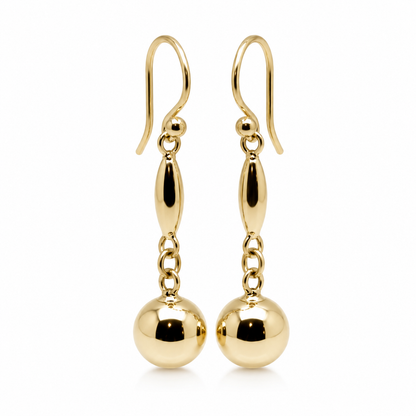 Kaedesigns, 9ct 9kt 375 Yellow Or White Or Rose Gold 8mm Ball Long Drop Earrings