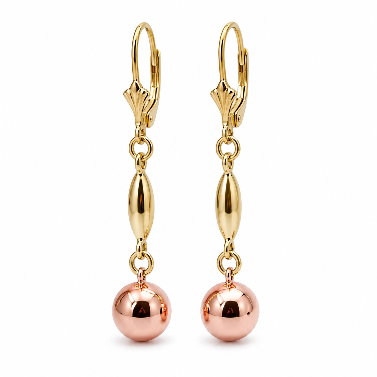 Genuine 9ct Yellow & Rose Gold 8mm Ball Long Drop Earrings + Rose Continental Hooks