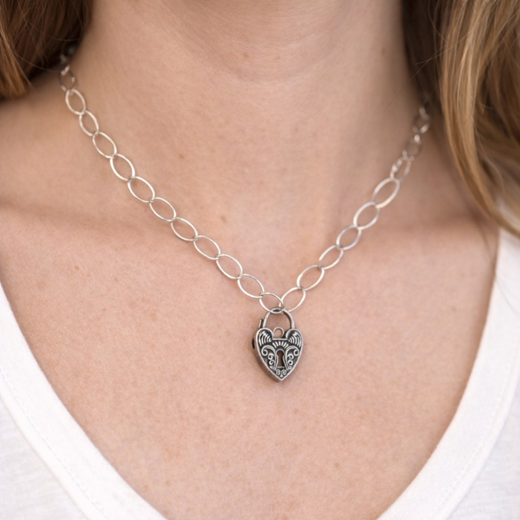 Sterling Silver 925 Flat Oval Links Necklace Chain + Heart