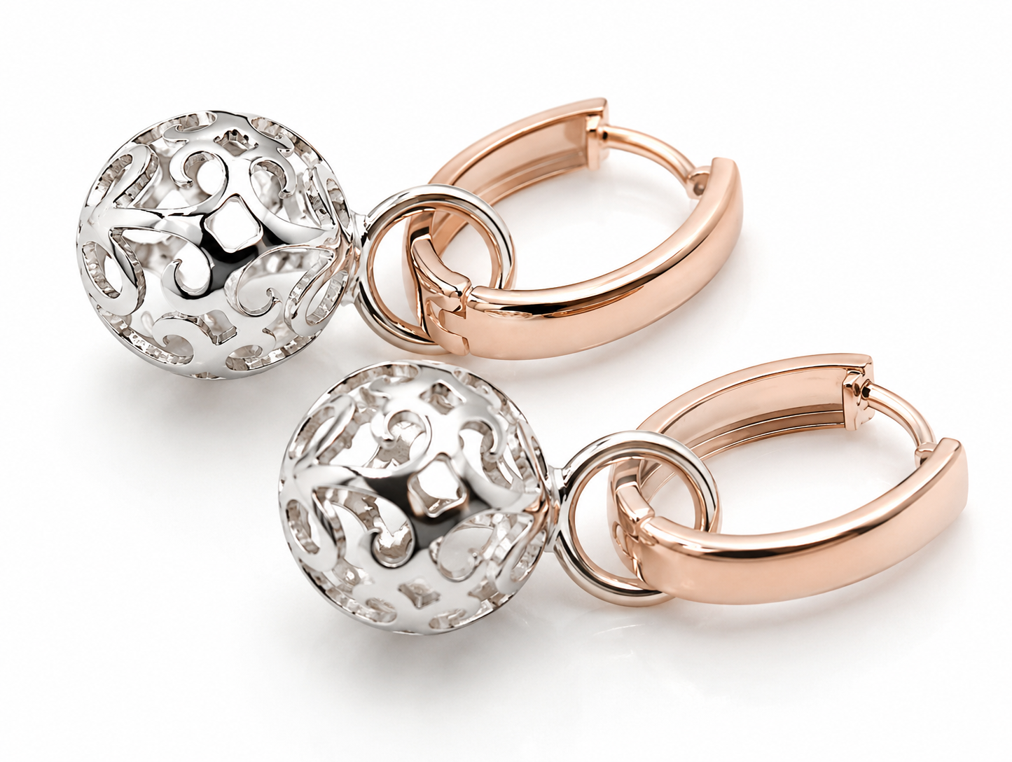 Genuine 9ct 9k Rose Gold Hoops + Sterling Silver 10mm Filigree Ball Huggies Earrings