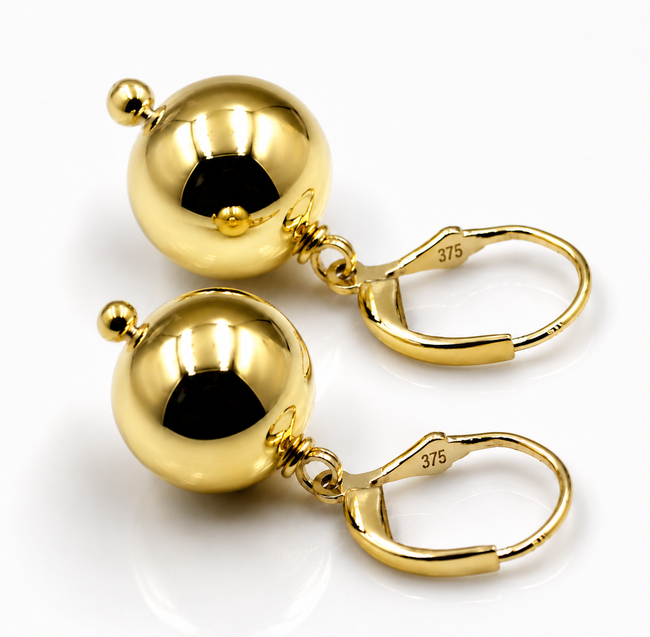 Kaedesigns Large 9ct 9K 375 Continental Hooks Yellow, Rose or White Gold 14mm Ball Earrings