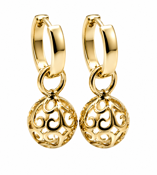 Genuine 9ct 9k 375 Yellow, Rose or White Gold Hoop 10mm Filigree Ball Huggies Earrings