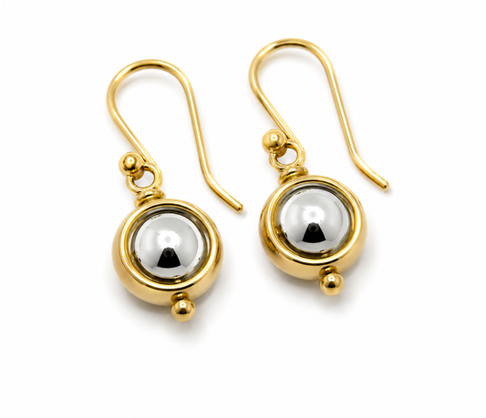 Genuine 9ct 9kt White & Yellow Gold Spinning Belcher Ball Drop Earrings
