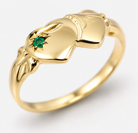 Genuine 9ct Yellow, Rose or White Gold Double Heart Green Emerald Signet Ring May birthstone