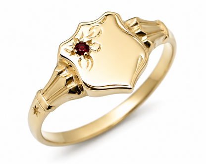 Size K 9ct Small Yellow, Rose or White Gold Garnet (Birthstone For January) Shield Signet Ring