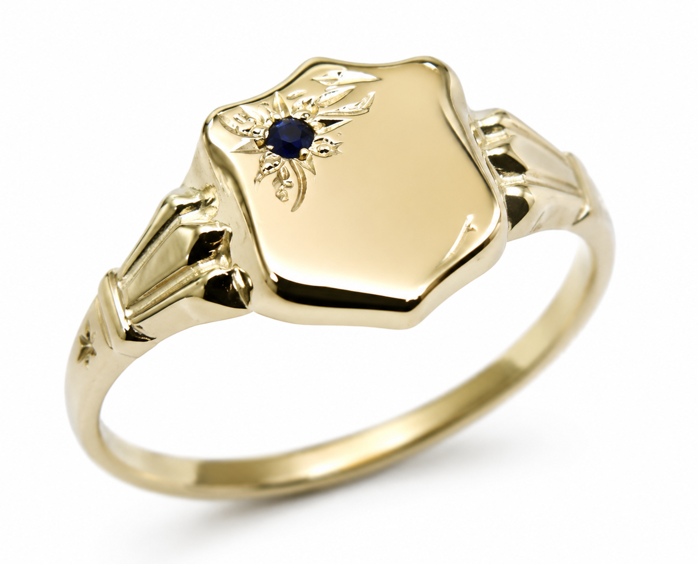 Genuine 9ct Small Yellow Gold Blue Sapphire Shield Signet Ring - Choose your ring size