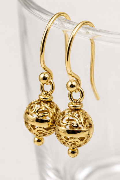 Genuine Heavy 9ct 9k 375 Yellow, Rose Or White Gold 8mm Euro Ball Drop Filigree Earrings