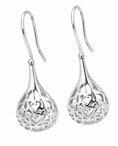 Sterling Silver 925 Puff Filigree Teardrop Heart Earrings