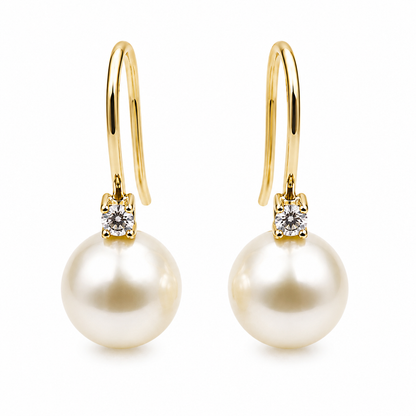 Genuine 9ct 9k 375 Yellow Gold Diamond Set Cultured Pearl Ball Drop Earrings