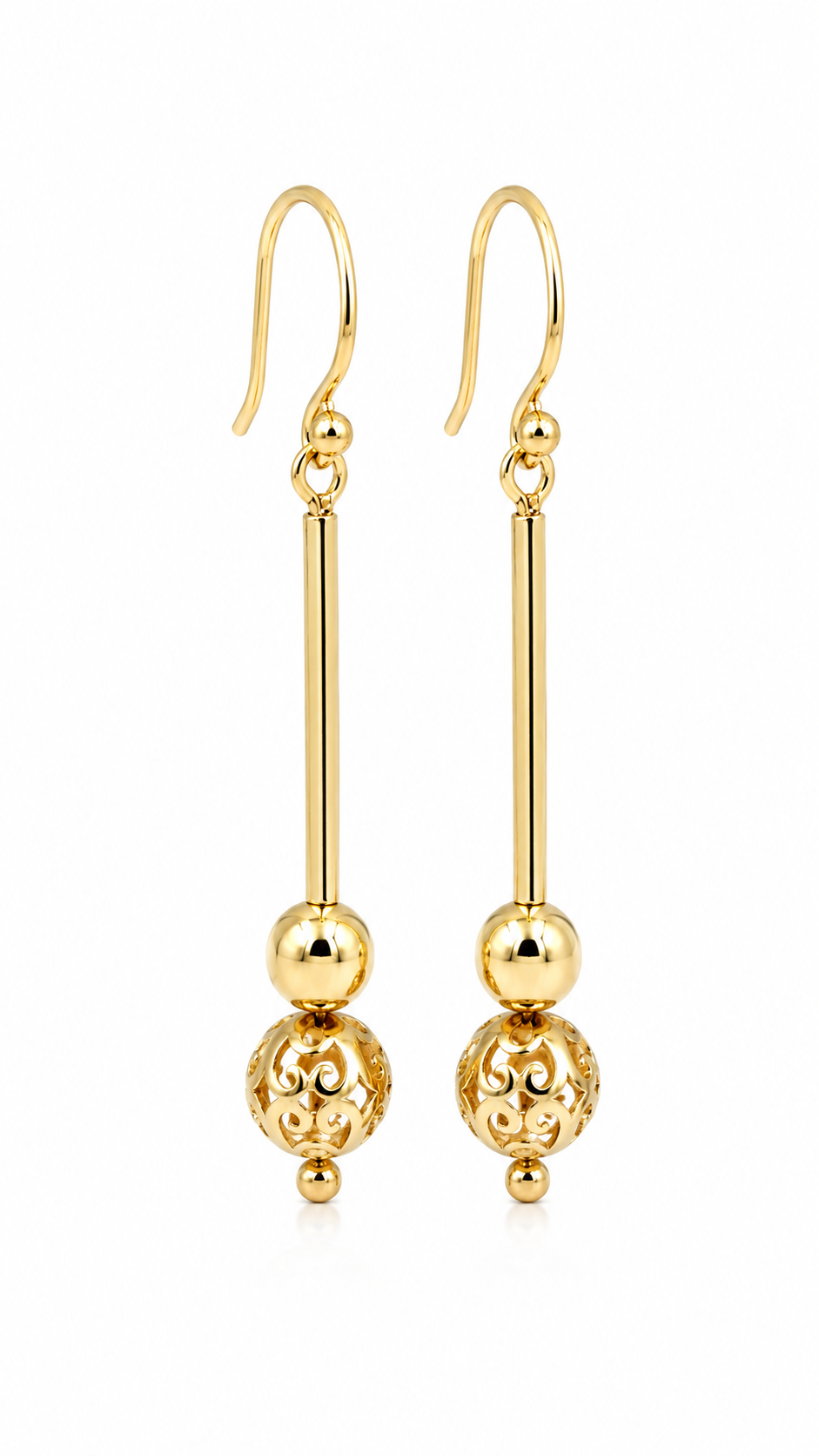 Genuine 9ct 9kt Yellow, Rose or White Gold Spinning 6mm Plain + 8mm Filigree Ball 50mm Drop Earrings